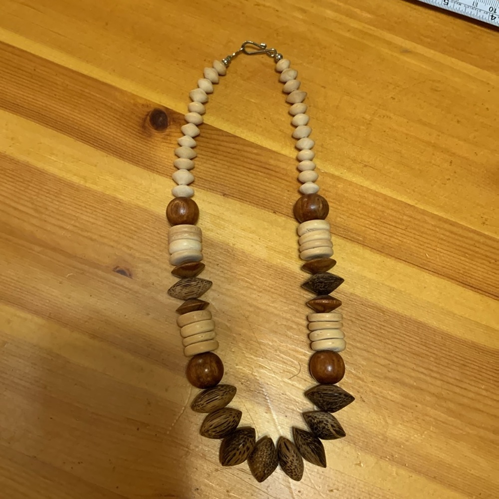 Handcrafted wood bead necklace, EUC